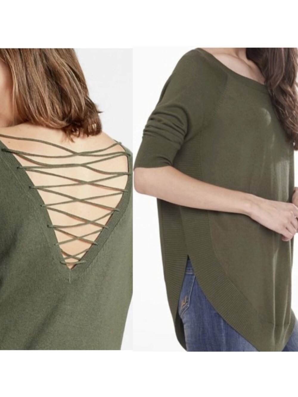 EXPRESS Lace Up Back Circle Hem Sweater Olive Green 3/4 Sleeve Lattice Cotton S